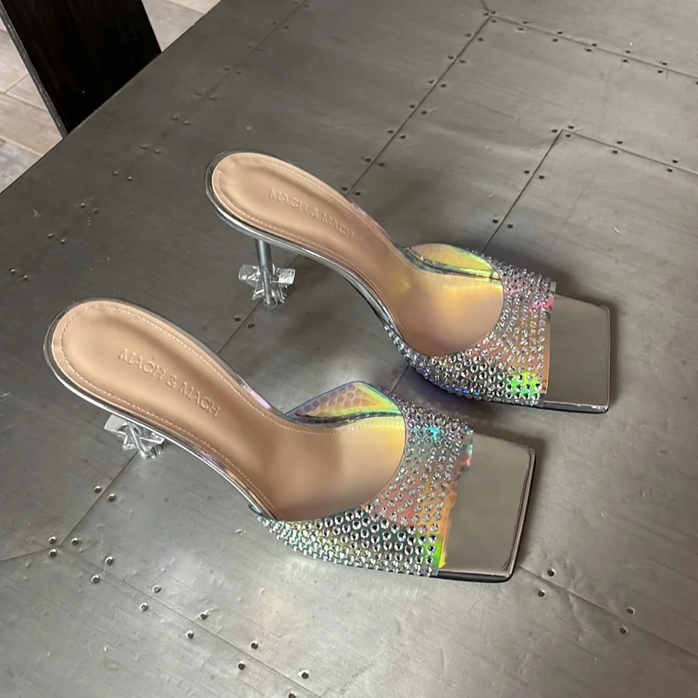 Mach & Mach crystal embellished iridescent silver mules sandals pumps sz 39
